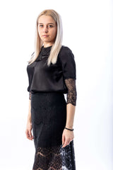 Elegant woman satin blouse with lace sleeve - julietahillstore