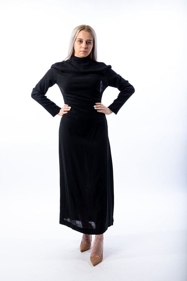 Woman black long dress with bow on the neck - julietahillstore